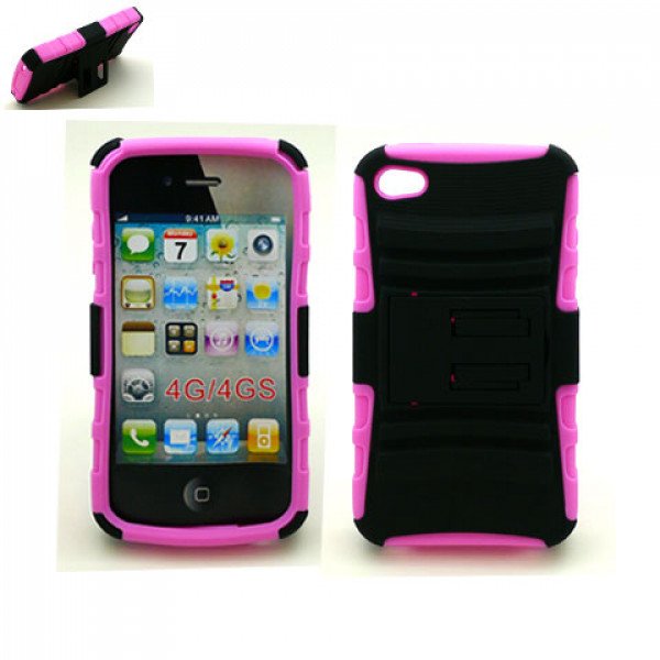 Wholesale iPhone 4S 4 TPU+PC Dual Hybrid  Case with Stand (Black-Pink)